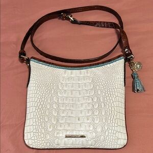 Brahmin White and Blue Crossbody Bag with Crocodile Texture and Adjustable Strap